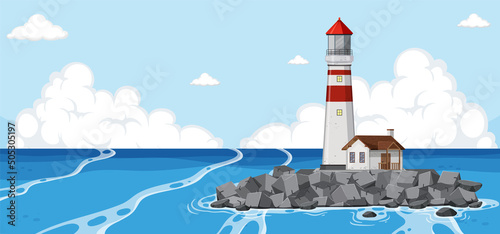 Lighthouse in on the island in the middle of the sea