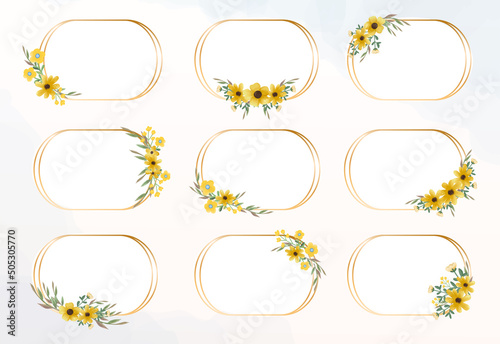 Set of golden floral frame modern minimalist. Watercolor flower bouquet arrangement yellow flower