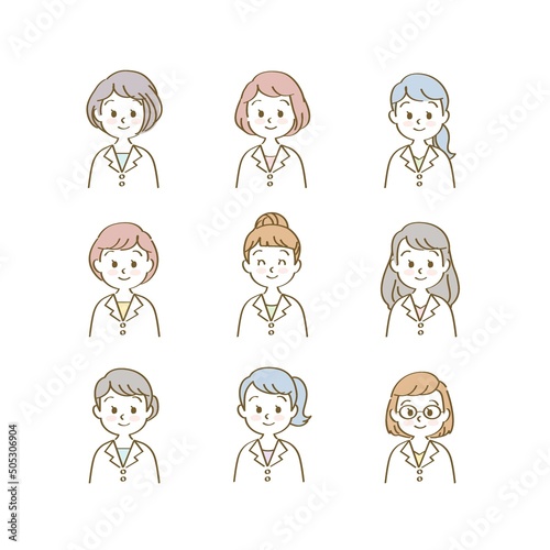 人物イラスト素材：医療現場で働く白衣姿の医療従事者（女性正面/上半身/主線あり手描き線）　20代～
