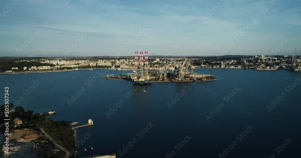 Aerial view of Pula harbour and a shipyard, Pula, Istria, Croatia. Aerial view of Pula harbour and a shipyard, Pula, Istria, Croatia.