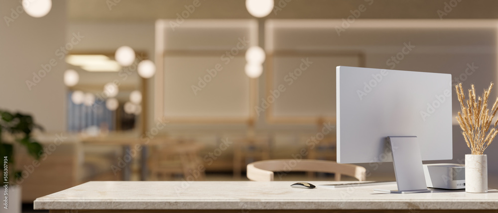 Modern white marble office desk with pc computer. back-view. - obrazy, fototapety, plakaty 