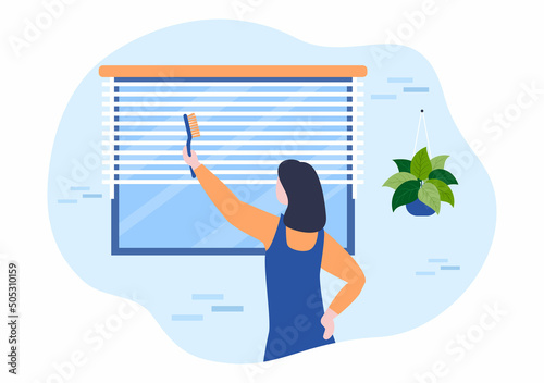Mini Blinds Service Window and Curtains Treatment using Various Cleaning Tools or Home Interiors in Flat Cartoon Illustration