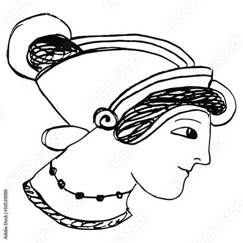 Head of a pretty ancient Greek woman in a hat. Vase painting style. Hand drawn linear doodle rough sketch. Black silhouette on white background.