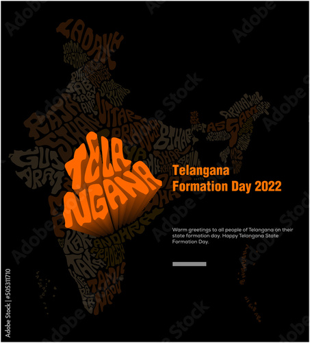 Happy Telangana Formation Day 2022. Telangana map typography.