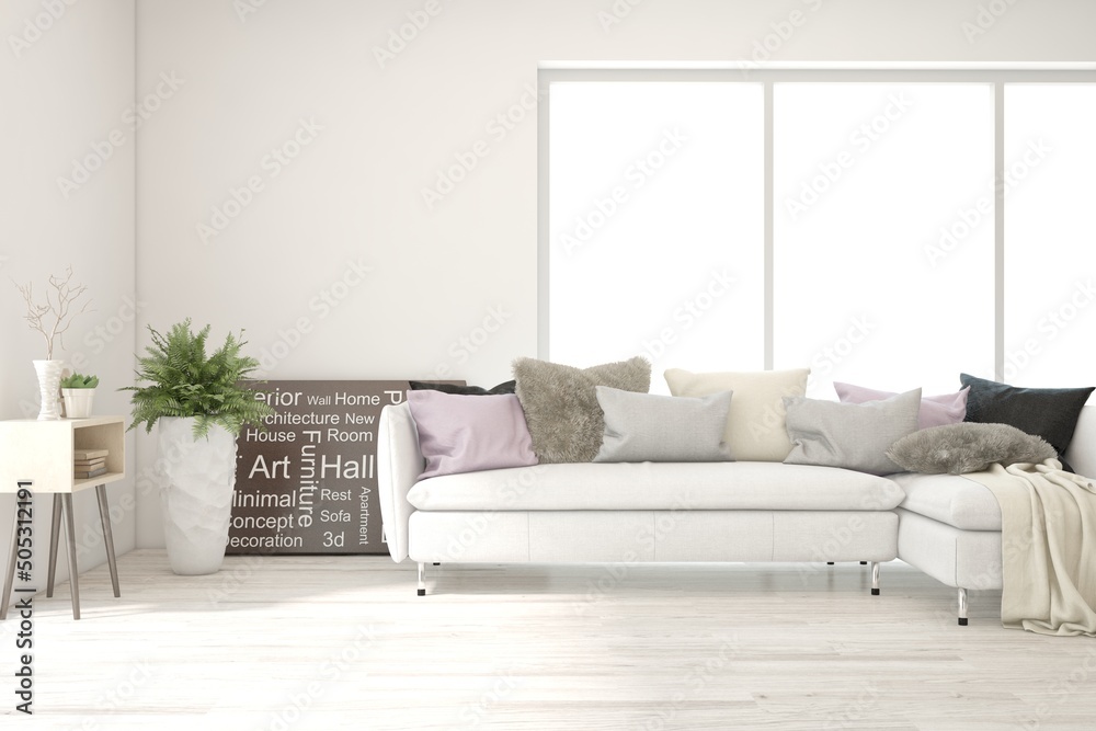 Fototapeta premium White living room with sofa. Scandinavian interior design. 3D illustration