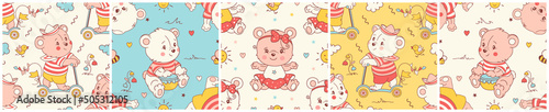 Set of Seamless patterns with Cute little bears. Hand drawn vector illustration. Used as wallpaper, seamless background, wrapping paper, print, kids wear fashion design, baby shower invitation card.