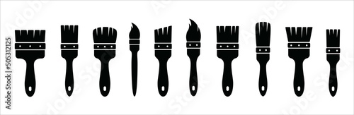 Paint brush icon set. Assorted paintbrush vector illustration. Paint brushes drawing tool. Containing various paintbrush for small to wide. Flat simple design.