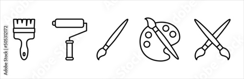 Paint tool vector icon set. Roller painter icons. Watercolor palette and paintbrush vector illustration. Symbol of decorating, wall job, and art. Outline design style.