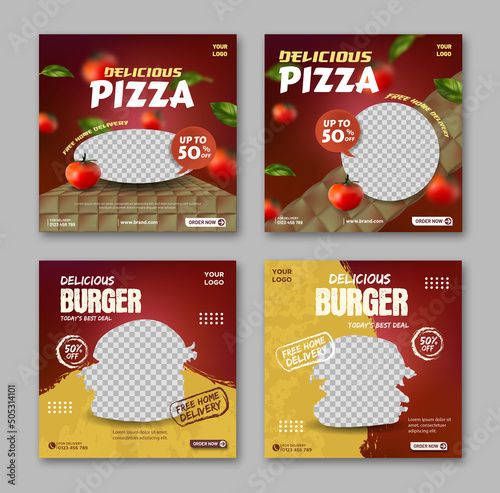 Delicious Pizza and Burger Menu promotion social media post banner template collection 