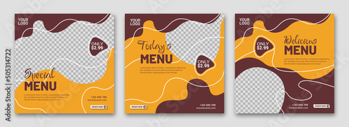 Delicious food menu social media template promotion and banner post collection. Set of editable square banner template. 