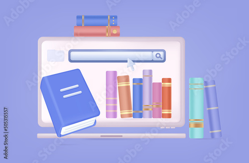 Search and selection of books in the online library. The concept is to find a textbook in the search bar and click the cursor. Collection of e-books for education in library, banner 3d. Vector 