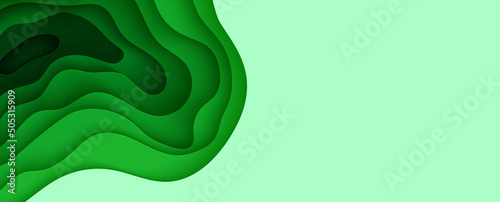Abstract green background in paper cut style. 3d layout wallpaper cut out from cardboard. Modern template with abstract curve shapes. Vector environmental card with papercut waves for business poster.
