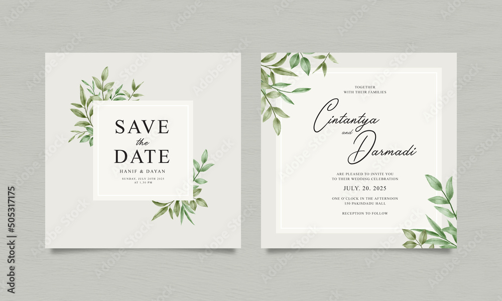 Double sided minimalist wedding invitation set with watercolor leaves