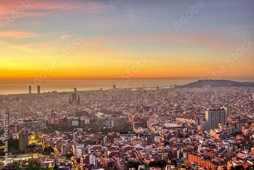 Beautiful view to Barcelona in Spain at sunrise
