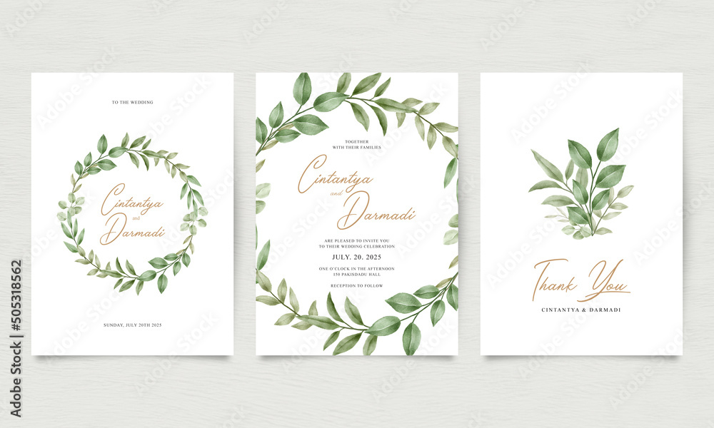 Three sided wedding invitation template set with watercolor leaves