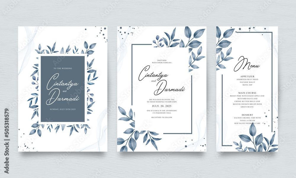 Watercolor leaves set for three sided wedding invitation template - obrazy, fototapety, plakaty 