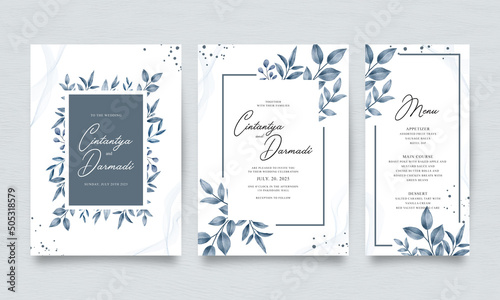 Watercolor leaves set for three sided wedding invitation template