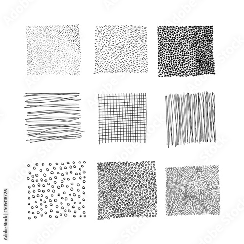 Set handdrawn textures and brushes. Vector hatching dots, line, grid, circles, lines, texture made ink.