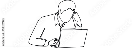 Single one line drawing Stressed employees in front of laptops because he thinking tasks. holding head. Continuous line draw design graphic vector illustration.