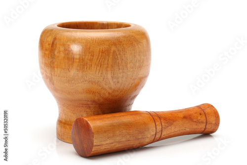 wooden mortar and pestle isolated