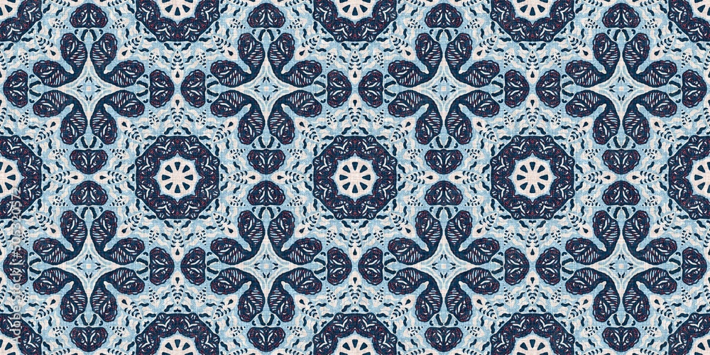 Indigo blue red batik geo nautical seamless border pattern. Modern marin geometric kaleidoscope banner. Nantucket fabric textile style. Summer rustic masculine worn linen effect edging trim tape 