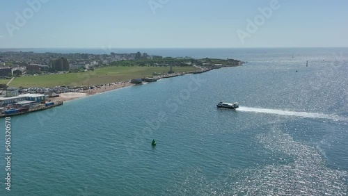 Hovercraft Arriving into a Hoverport in the Summer Aerial View photo