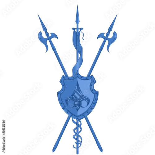 Middle ages heraldry shield vector design, coat of arms with fleur de lis heraldic symbol, with halberd and spear with pennant