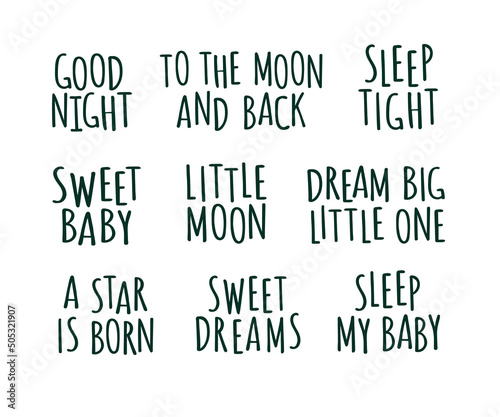 Good night, a star is born, sweet dreams, little moon saying. Hand drawn vector illustration typography. Adorable print for t shirt, nursery bedroom poster, baby and kids clothes, baby shower decorati