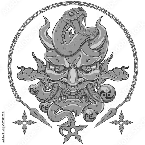 Japanese traditional demon vector design with snake, Oni Japanese Demon Hannya Mask With Snakes