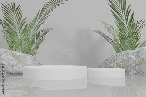 tropical display podium on water with flat background 3d render