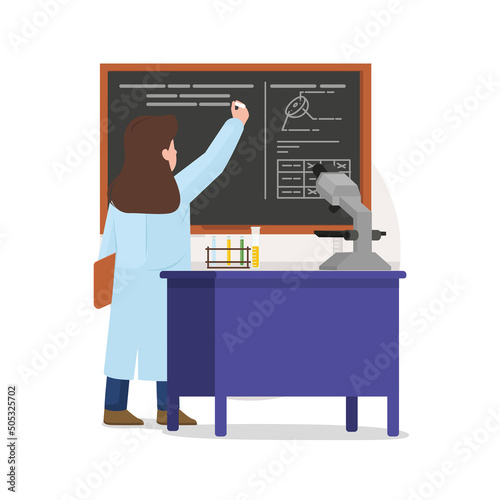 scientist in laboratory with microscope try to writing in blackboard