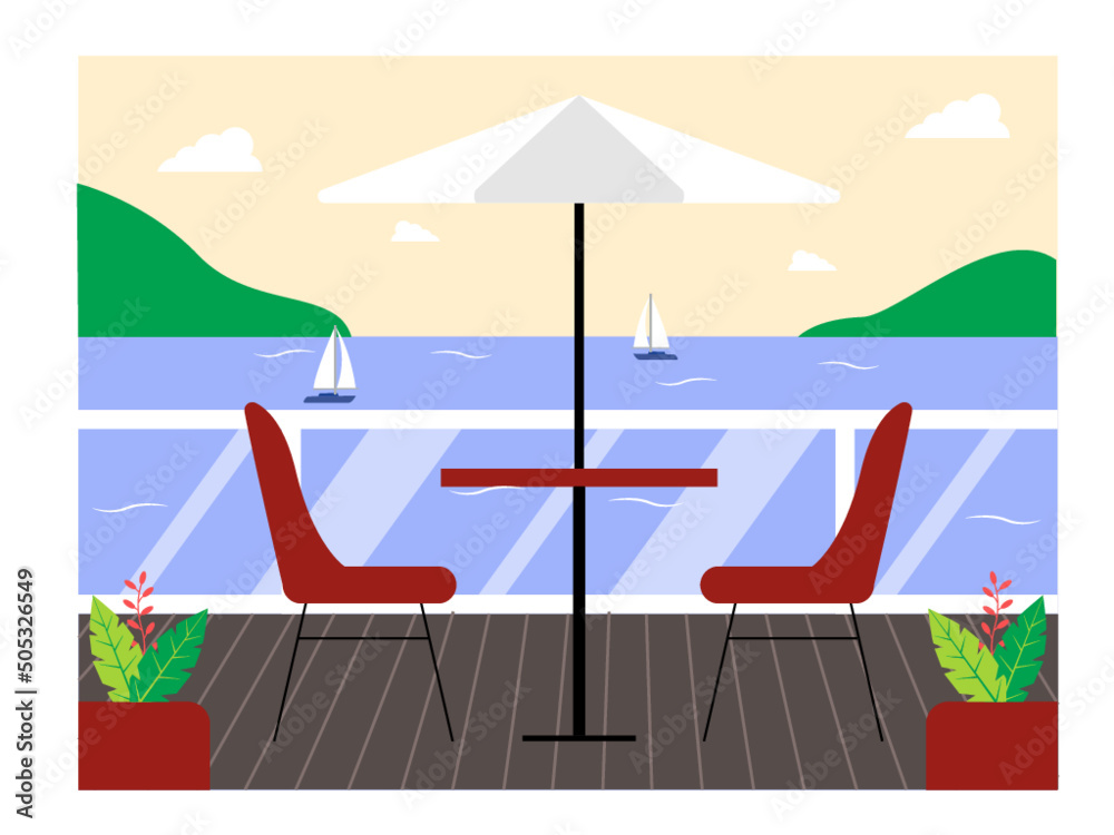 Restaurant by the lake with a view of some sailboats. Ai vector illustration