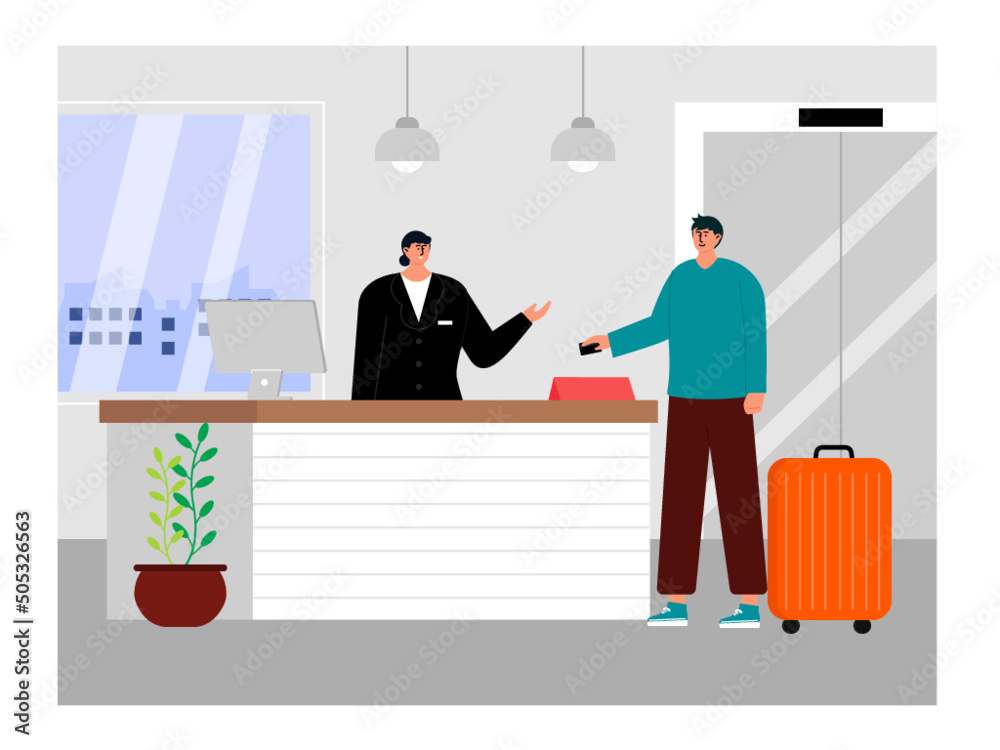 A guest checks in with a hotel receptionist. The receptionist gave the hotel room key. Ai vector illustration