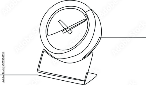 Single continuous line drawing of alarm clock stand. Clock table in office. Variation of alarm clock. Modern one line draw design graphic vector illustration.