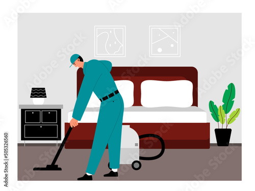 The housekeeper cleans the room with a vacuum cleaner. Ai vector illustration