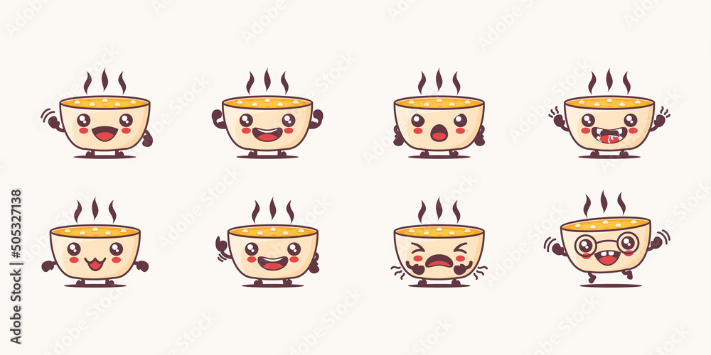 soup cartoon. food vector illustration. with different faces and expressions