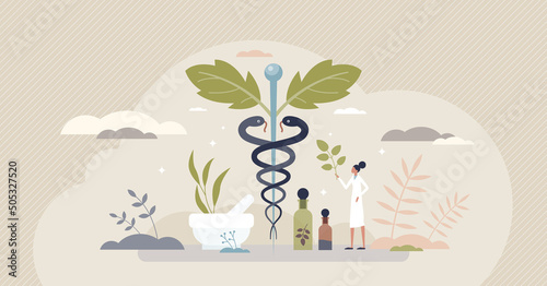 Phytotherapy or herbalism as plants usage for medication tiny person concept. Disease and illness prevention or treatment with natural herbal ingredients vector illustration. Alternative homeopathy.