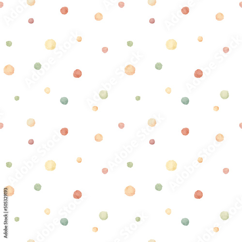 Watercolor abstract hand drawn seamless pattern with illustration of polka dot backdrop. Colorful red, yellow, green, orange splashes, spots, circles isolated on white background. Wallpaper, wrapping