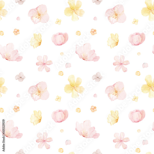 Nursery wallpaper. Watercolor hand drawn cute seamless pattern with delicate abstract spring flowers. Meadow wild flowers elements isolated on white background.