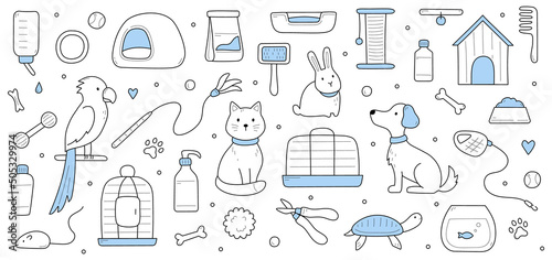 Doodle background with zoo market pets care production. Domestic cat, dog, parrot, rabbit with turtle or fish in aquarium. Food, comb and leash, bone, cosmetics bottles, Linear vector illustration