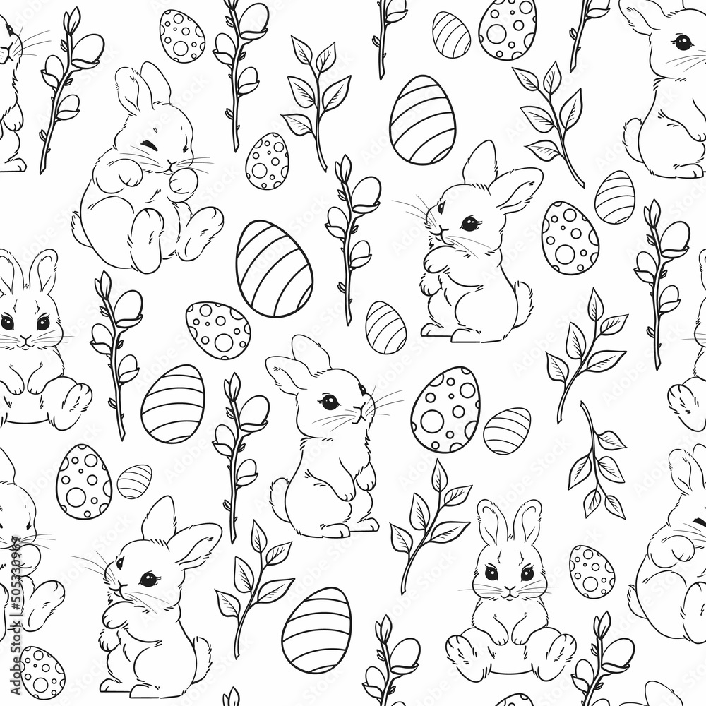 Naklejka premium seamless spring pattern, easter bunny and easter eggs, willow branch, spring willow, cute little hares, hand-drawn vector illustration, line graphics, on white background coloring or printing fabric