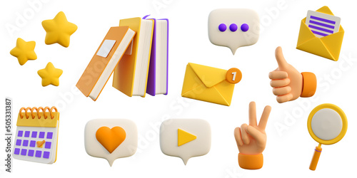 3d education and social media icons for university and school. Stack of the books, calendar, search, speech bubbles, stars and mail flying . Realistic 3d high quality render
