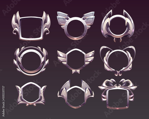 Empty silver frames for game award labels for win or achievement.Vector cartoon set of metal fantasy borders for buttons different shapes isolated on background