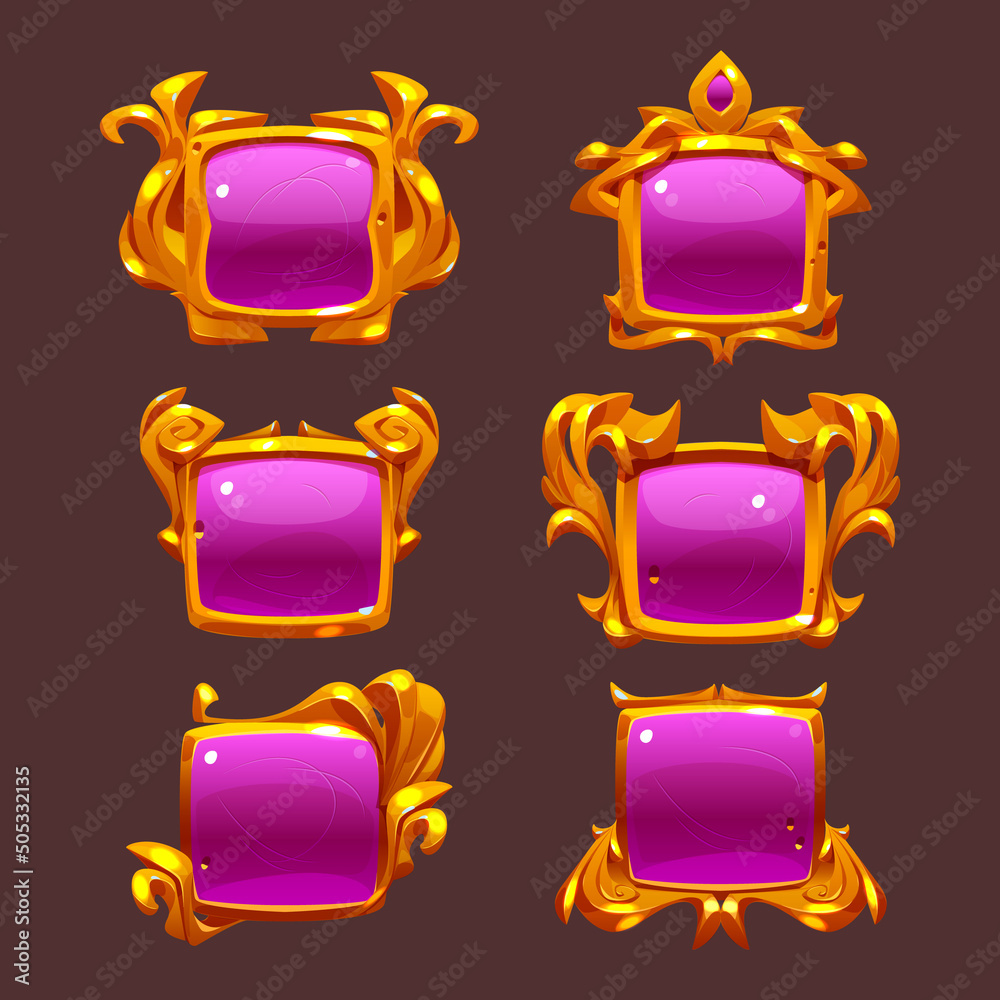Pink buttons with golden frames for rpg game interface. Vector cartoon ...