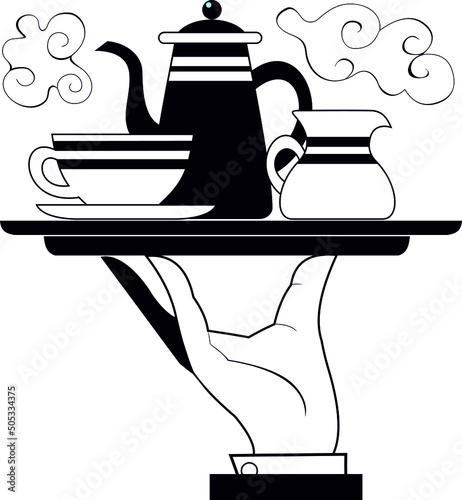 Tray with coffeepot, cup and cream are on the tray.
Hand of the waiter holding a tray with coffeepot, cup and cream black on white background
