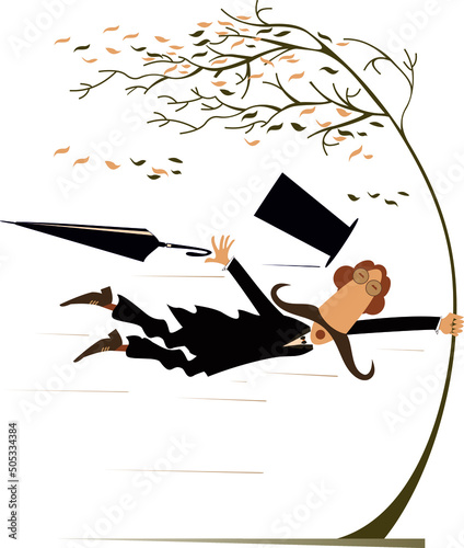 Bad weather, hurricane, frightened man catches a tree.
Strong wind, flying leaves and a man lost his hat and umbrella trying to keep his life catching a tree isolated on white background
