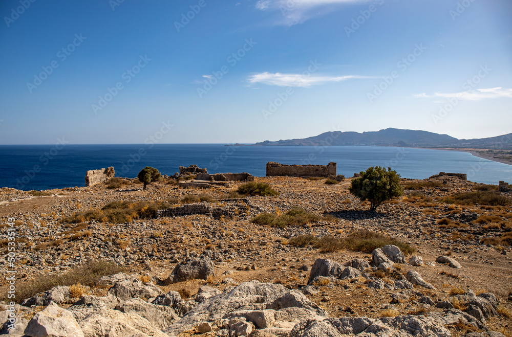 Ruined Feraklos castle overlooking Charaki, Rhodes island, Greece