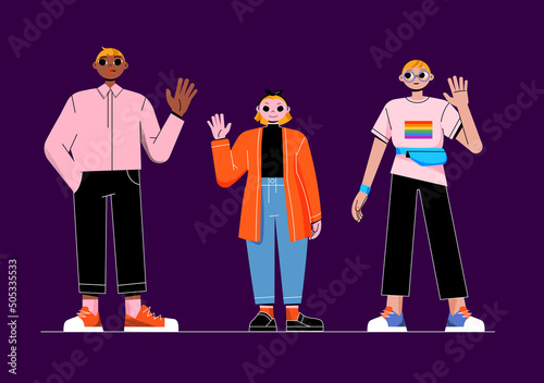 Different people, african american man, caucasian little woman and lgbt person. Diverse characters waving hand. Vector flat illustration of ethnic and stature diversity concept