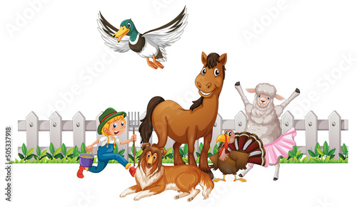 Many farm animals and farmer