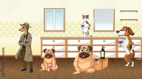 In house scene with dogs drinking wine